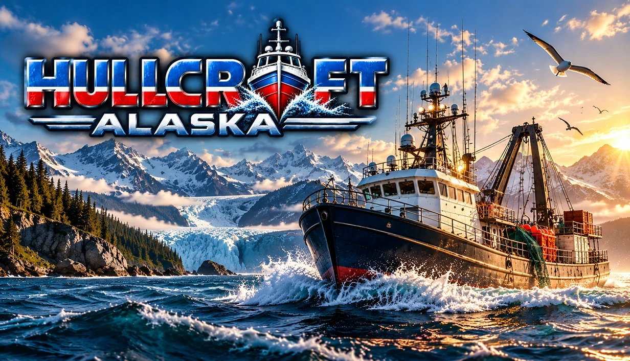 Hullcraft: Alaska — a fishing vessel crashing through waves in front of an Alaskan glacier at sunset