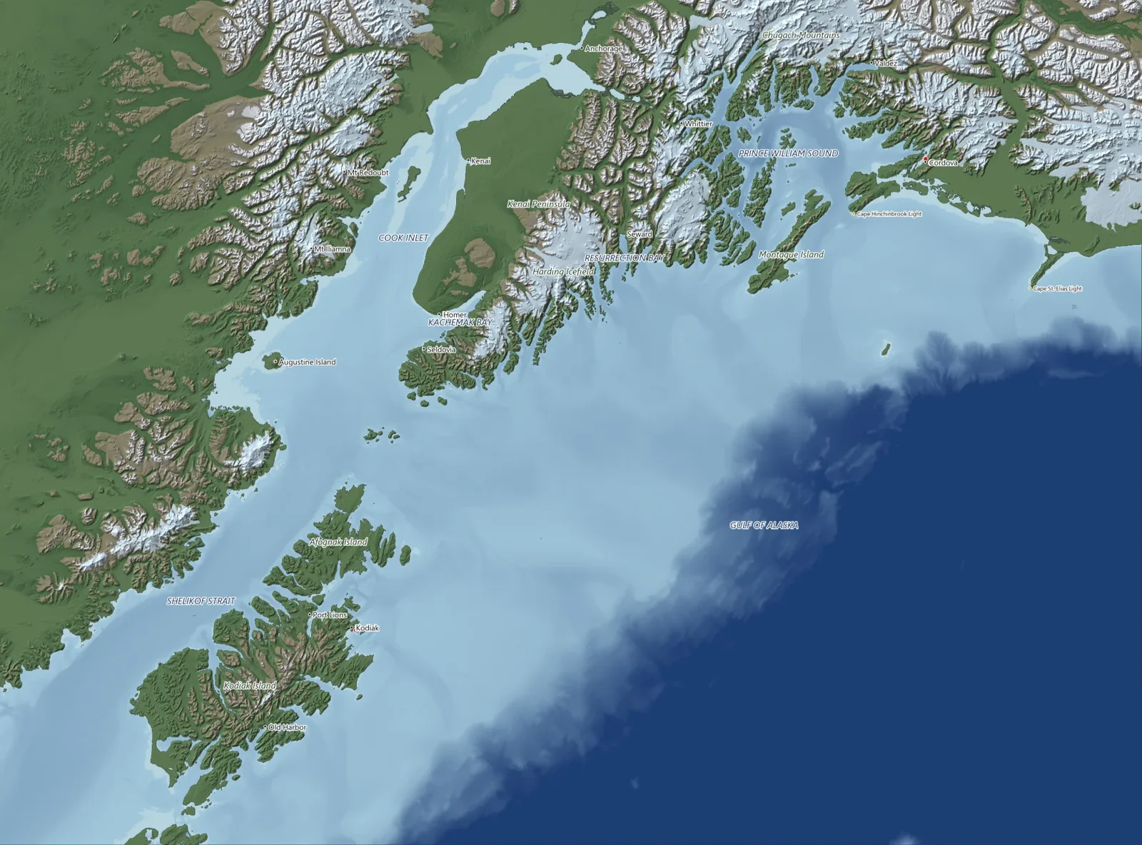 Map of the Gulf of Alaska from Kodiak to Prince William Sound, showing Seward, Homer, Valdez, Cordova and Anchorage